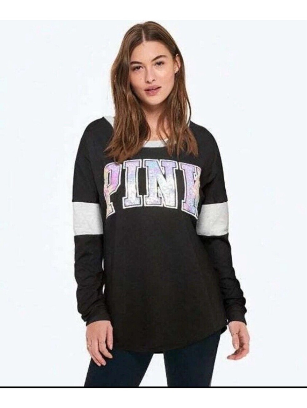 Y2K Victoria's Secret Pink Bling L/S Varsity Crew Logo Sequined Women's XS Top